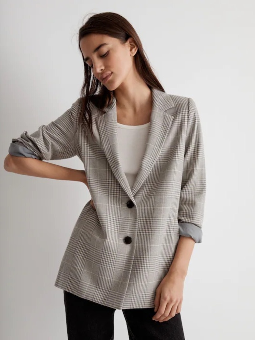 Madewell Plaid Single-Breasted Blazer in Tan and Cream